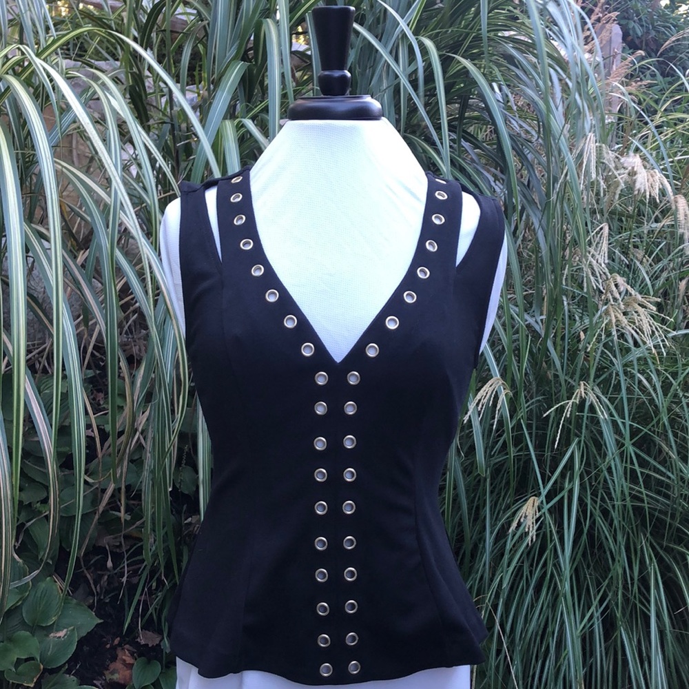 GUESS Black w Gold Grommet Trim Blouse NWT L